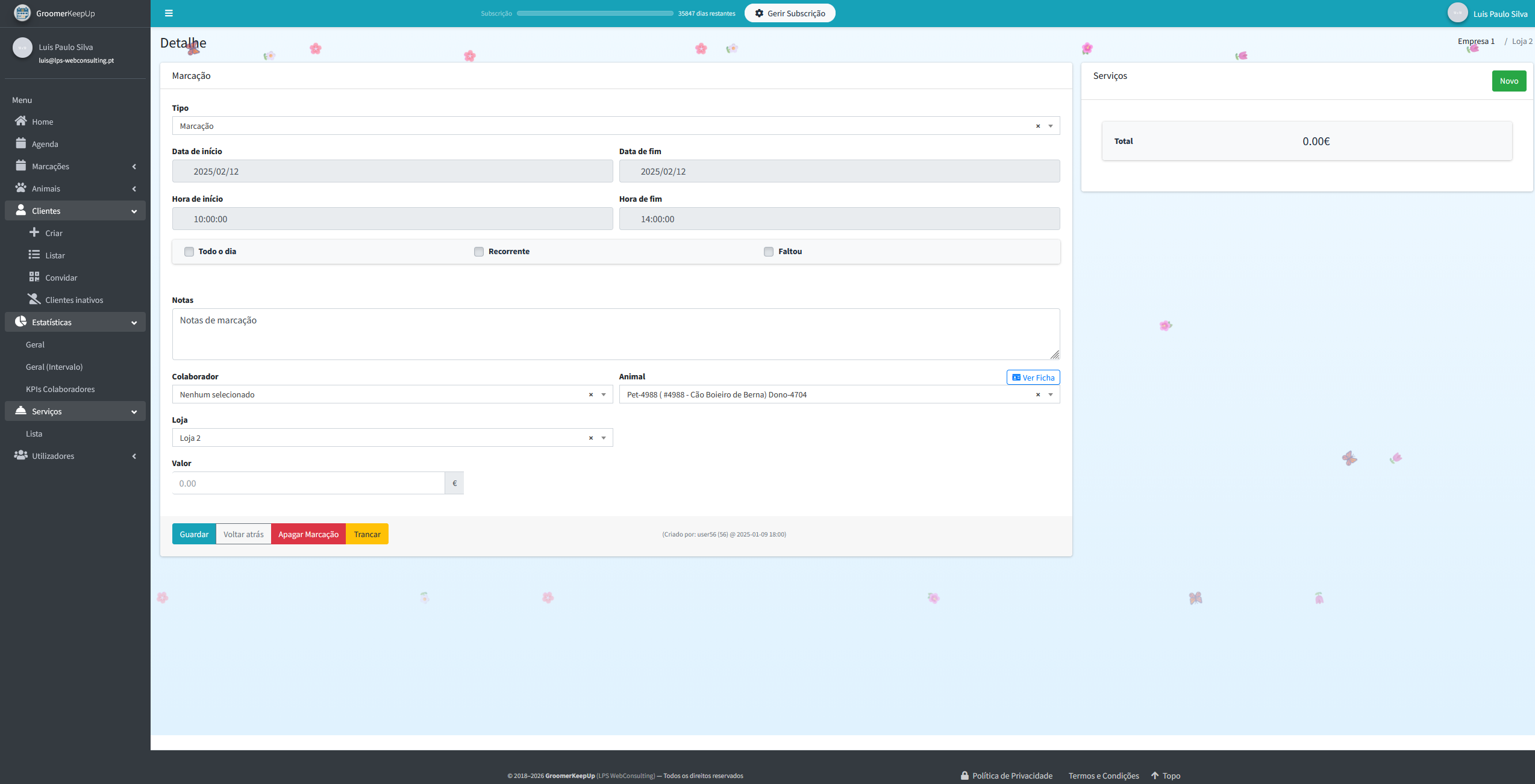 Painel de gestão GroomerKeepUp